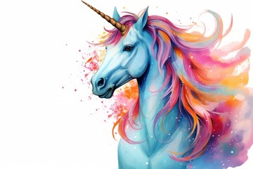A whimsical watercolor illustration of a unicorn with a flowing mane and horn. The colorful design, mythical creature. Concept of fantasy and creativity. - obrazy, fototapety, plakaty