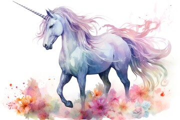 Naklejka na ściany i meble Watercolor illustration of a majestic unicorn with a flowing mane and a horn. Concept of fantasy and wonder.