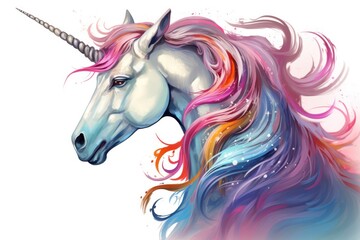 Fototapeta na wymiar A whimsical watercolor illustration of a unicorn with a flowing mane and horn. The colorful design, mythical creature. Concept of fantasy and creativity.