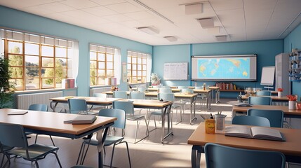 Modern classroom in the morning, , bright color, natural Lighting, ethereal light, intricate details, extremely detailed AI, Generative AI, Generative
