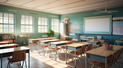 Modern classroom in the morning, , bright color, natural Lighting, ethereal light, intricate details, extremely detailed AI, Generative AI, Generative