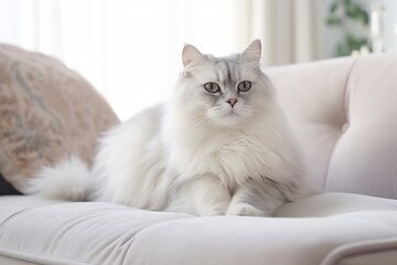 Close up of domestic cat lying on the sofe in the livingroom. Cat relax on the bed at home. Soft pastel colors image