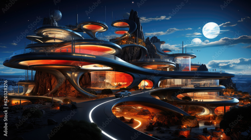 Poster a futuristic building with a spiral staircase going up to it. generative ai.