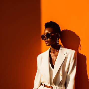 portrait of a cool and modern black woman with sunglasses in front of a orange wall background with copy space, fictional person created with generative ai