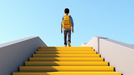 boy back to school, walking to school by stairs, yellow school colors, with his backpack and uniform