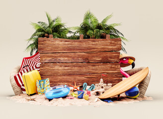Empty wooden banner on the beach with summer accessories and palm trees. 3D Rendering, 3D...