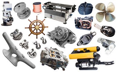 Collage of modern yacht equipment isolated on white background.
