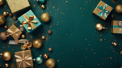 Christmas composition. Christmas decor, pine cones, fir branches and golden confetti on green background. Flat lay, top view, copy space,  Created using generative AI tools.