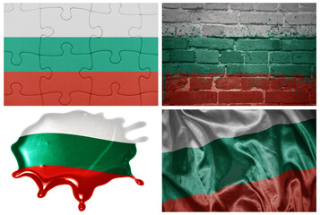 national colorful realistic flag of bulgaria in different styles and with different textures on the white background.collage - obrazy, fototapety, plakaty