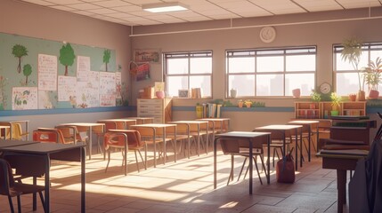 empty classrooms last day of vacation tomorrow classes start, back to school sunlight through the window