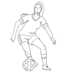 Football player woman kicking the ball outline vector illustraion. Footballer girl digs the ball line art vector illustration, front view.