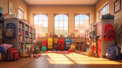 Fototapeta premium 3d model of students on their first day of classes, classrooms and blackboard in the background. student with his backpack