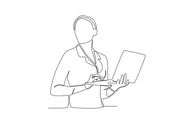 Fototapeta na wymiar A woman working with a laptop. Businesswoman one-line drawing