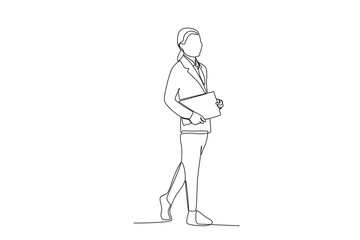 Side view of a woman's business holding documents. Businesswoman one-line drawing