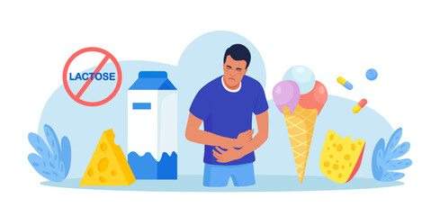 Lactose Intolerance. Young Sick Man Suffering with Stomach Ache, Diarrhea, Abdominal Pain, Bloating, Nausea. Allergy on Dairy Food. Unwell Allergic Reaction with Milk Products, Cheese, Ice Cream