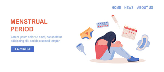 Menstruation period. Woman showing pms symptoms and menstrual pain. PMS calendar, tracker. Items for personal intimate hygiene of women. Sanitary tampon, pad, silicone reusable menstrual cup, panties