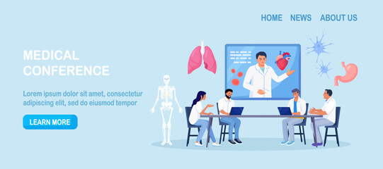 Medical conference, online education. Mentor giving scientific researching lecture for students by internet. Doctor teaching academic knowledge for hospital work. Professional occupation training