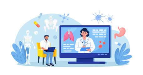 Online medical webinar, medicine course. Medical conference, education. Mentor giving scientific researching lecture by internet from computer screen. Doctor teaching to student in the virtual class