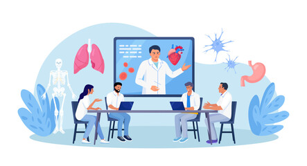 Medical conference, online education. Mentor giving scientific researching lecture for students by internet. Doctor teaching academic knowledge for hospital work. Professional occupation training