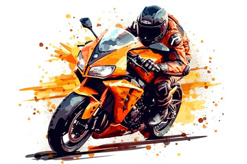 Biker rides a motorcycle, sport bike in bright colors, isolation on a white background, painted with watercolors or acrylics. Generative AI