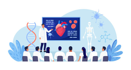Medical conference, education. Students study research in cardiology science. Doctor giving speech on medicine seminar for audience. Scientist presenting human heart infographics at workshop training - obrazy, fototapety, plakaty