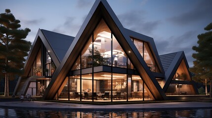 Obraz premium Contemporary triangle shape design modern architecture building exterior AI, Generative AI, Generative
