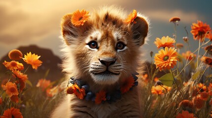 Cute lion with floral collection AI, Generative AI, Gene