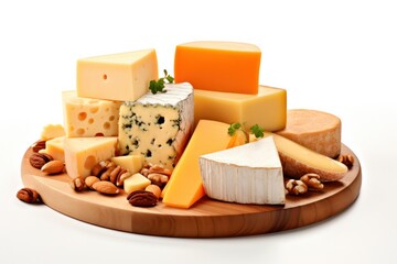 Assortment cheese on the board: parmesan, gorgonzola, camembert, cheddar on a white background. Generated AI.