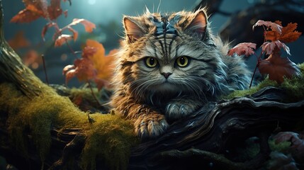 Cute monster cat on fantasy forest landscape AI, Generative AI, Generative