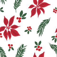 Seamless vector repeat pattern with red poinsettia, berries and green branches. Elegant Christmas floral background