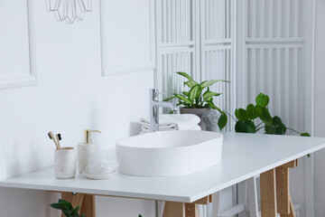 Fototapeta premium Interior of light bathroom with white sink, bath accessories and houseplants