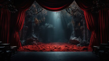 Dark theater stage with red curtains and spotlight AI, Generative AI, Gene