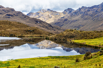 Highlands of El Cajas National Park in the Ecuadorian Andes. Lake Togllacocha at an altitude of 3850 m above sea level. Paramo ecosystem. Azuay province, near the city of Cuenca.