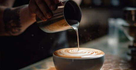 Fototapeta na wymiar barista pouring cappuccino close-up. Generative AI