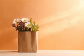 bouquet of flowers in paper shopping bag, eco marketing concept, space for text. AI generative