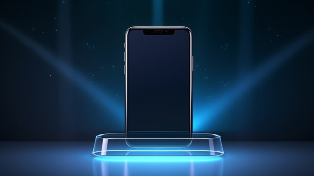 Um smartphone de vidro moderno pendurado acima do p&oacute;dio com uma superf&iacute;cie azul escura lisa em um &acirc;ngulo de reflex&atilde;o. Ilustra&ccedil;&atilde;o em vetor de telefone celular com tela sens&iacute;vel ao toque em branco