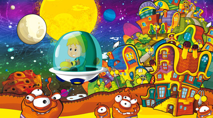 Cartoon funny colorful scene of cosmos galactic alien ufo isolated illustration for children