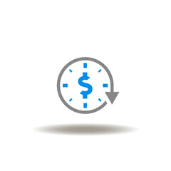 Vector illustration of round arrow with clock and dollar currency. Icon of BNPL Buy Now Pay Later. Symbol of financial operation, transaction, cash back.