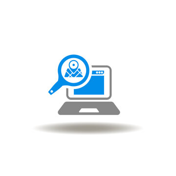 Vector illustration of laptop computer with web page and magnifier with location map ponter. Symbol of local seo.
