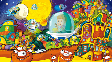 Cartoon funny colorful scene of cosmos galactic alien ufo isolated illustration for children