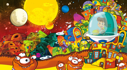 Cartoon funny colorful scene of cosmos galactic alien ufo isolated illustration for children