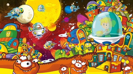 Fototapeta premium Cartoon funny colorful scene of cosmos galactic alien ufo isolated illustration for children