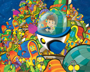 Cartoon funny colorful scene of cosmos galactic alien ufo isolated illustration for children