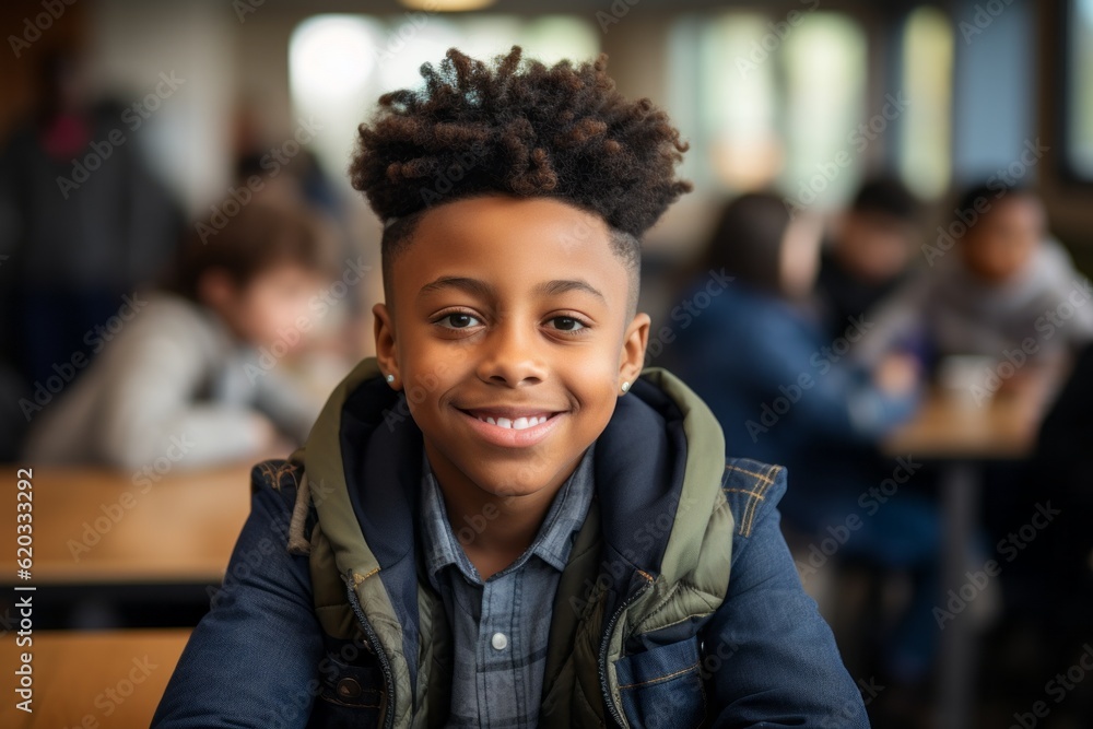 Wall mural boy or schoolboy of african american appearance in a classroom. back to school concept. background w