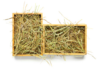 Straw in crates on white background