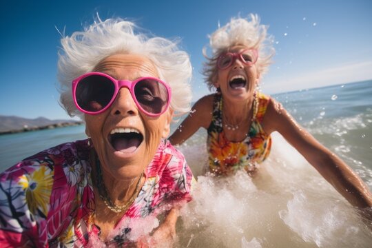 Two happy pensioners have fun in the sea. Portrait with selective focus