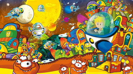 Cartoon funny colorful scene of cosmos galactic alien ufo isolated illustration for children