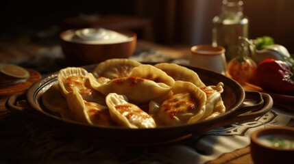 Obraz na płótnie Canvas dumplings stuffed with spices and sauces on a wooden table. Homemade Polish Potato Pierogies. Generative AI