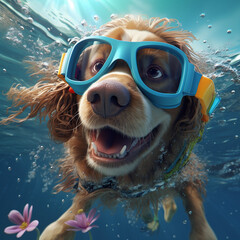 a funny golden retriever dog in the sea with goggles on