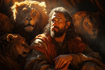 Prophet Daniel in a Den of Lions - obrazy, fototapety, plakaty